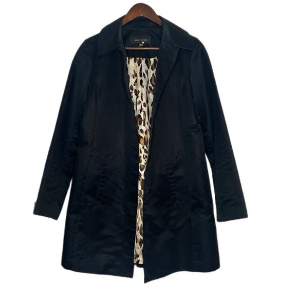 Jones New York Black Cheetah Print Lining Button Up Long Rain Coat - Picture 1 of 4